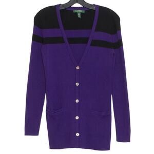 Vintage Ralph Lauren Cardigan Sweater Preppy Dark Academia Y2K 90s Purple Medium